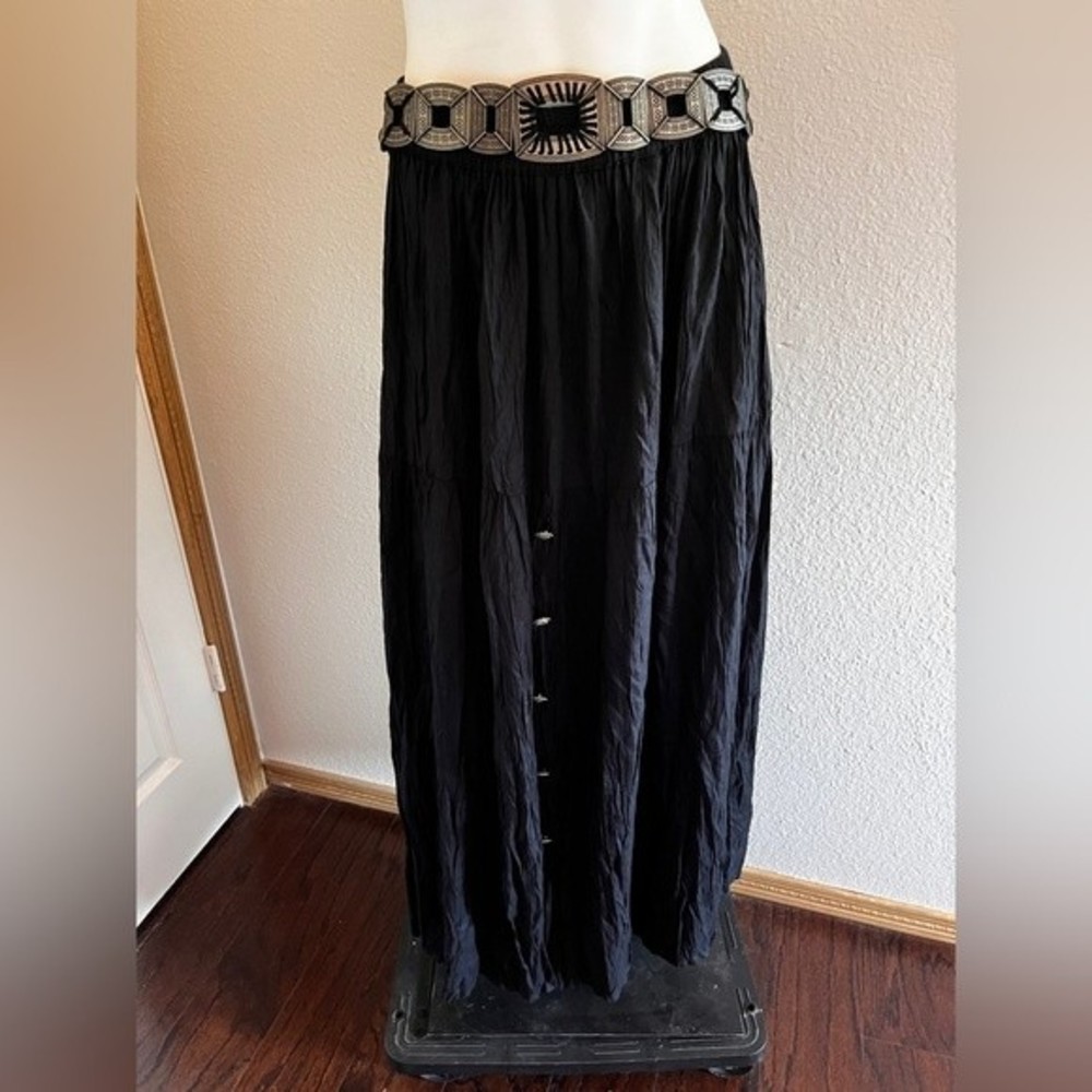 Vintage Cowgirl, black crinkled, rayon, maxi skirt, size medium